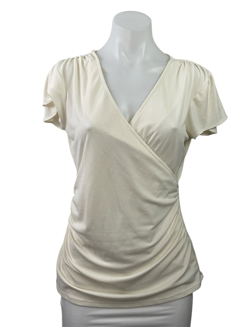 Banana Republic Women's Cream Short Sleeve Stretch V-neck Wrap Blouse Top Size S